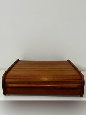 Vintage Teak Tambour Roll Top 3 Divided Sections Beautiful Condition